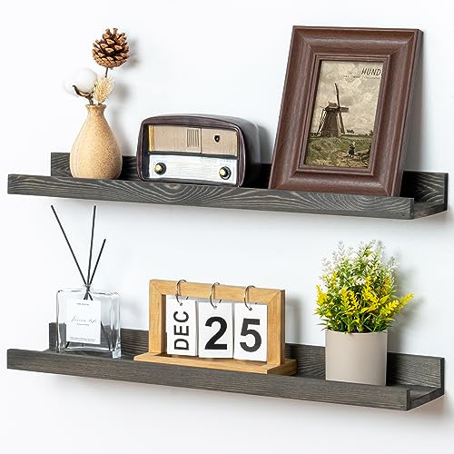 FLYJOE 24 Inches Floating Shelves for Wall, Solid Pine Wood Picture Ledge Shelves, Wall Shelves with Lips, Nursery Book Shelves for Toys Storage Living Room Bedroom Photo Frames (2 Pcs, Grey) - color: Grey, size: 24'', set of 2