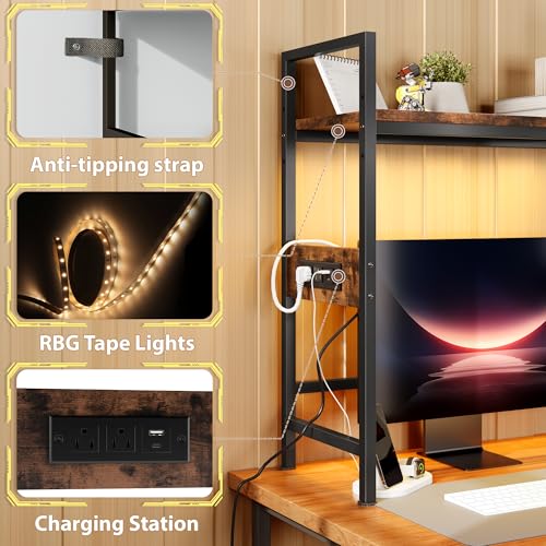 DreamDashio Desk Hutch with Shelves & Outlets, Desktop Bookshelf Organizer with RGB Lights, Storage Drawer & Pegboard, Anti‑Tip Strap for Gaming/Office/Dorm