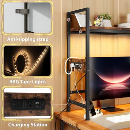 DreamDashio Desk Hutch with Shelves & Outlets, Desktop Bookshelf Organizer with RGB Lights, Storage Drawer & Pegboard, Anti‑Tip Strap for Gaming/Office/Dorm