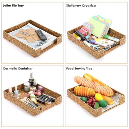 BTSKY Multipurpose A4 File Tray Natural Seagrass Desk Tray Organizer Woven Letter Size Desk Documents Trays Magazine Files Storage Basket Organizer Bin for Office Cosmetics Bathroom, Caramel