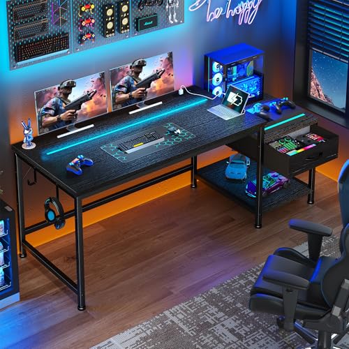 DurayLoly 48.1'' Gaming Desk with Printer Shelf & LED Lights, Reversible Computer Desk with Power Outlets & Drawers, Gaming Table with Hooks for Headphone,Small Desk for Teens, Bedroom & Dorm,Black - color: Black, size: 48inch
