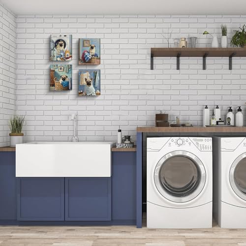 Framed Wall Art for Laundry Room, Funny Dog Art Canvas Prints, Vintage Home Decor, Animal Oil Painting Picture, Bathroom Wall Decor Gifts for Friends or Family Set of 4 (8"x10" - color: 8x10inch（framed) Wall Art for Laundry Room