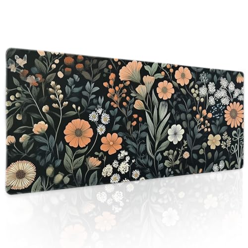 Aesthetic Dark Flower Gaming Mouse Pad XL Floral Plant Botanical Flowers Extended Big Large Desk Mat Non-Slip Rubber Base Stitched Edge Long Keyboard Mousepad for PC Computer Laptop,31.5×11.8 in - color: Aesthetic Dark Flower, size: X-Large