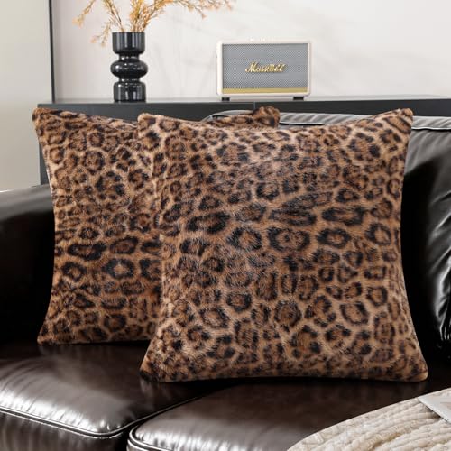 SYSLOON Faux Fur Cheetah Print Pillow Covers 18x18 Inch Set of 2, Leopard Print Decorative Pillow Covers Home Decor for Living Room Sofa & Bed, Beige Brown Leopard - color: Beige Brown Leopard, size: 18" x 18" (Pack of 2)