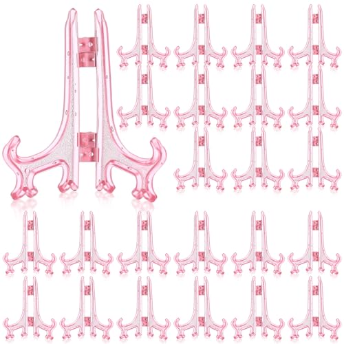 Patelai 48 Pcs Mini Easel Stands 3 Inch Plastic Plate Stand Holder Display Picture Easel for Display Picture Frame Collectibles Desktop Weddings Party Home Decoration (Pink) - color: Pink, size: 3 Inch
