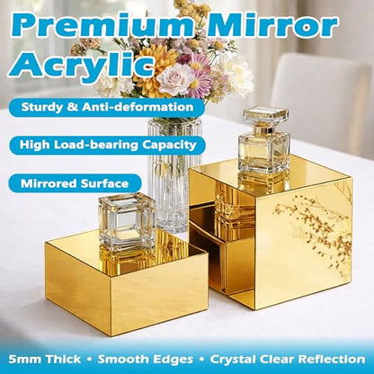4Pcs Acrylic Risers Display Stands, Food Risers for Buffet Table, Acrylic Cube Mirror Risers for Catering Dessert, Jewelry Collectibles Party, Gold - color: Gold