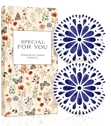 Swooflia Car Coasters for Women - Blue White Ethnic Car Cup Coasters Absorbent Cup Holder Coasters for Car 2 Pcs Ceramic Car Cupholder Coaster with Cork Base Car Interior Accessories - color: Blue White Ethnic