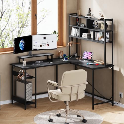 DEVAISE 60 Inch L Shaped Gaming Desk with Drawers and Storage, Corner Desk with LED Lights, Power Outlets, Computer Desk with Monitor Stand, Office Desk for Home, Black - color: Black, size: 60 Inch