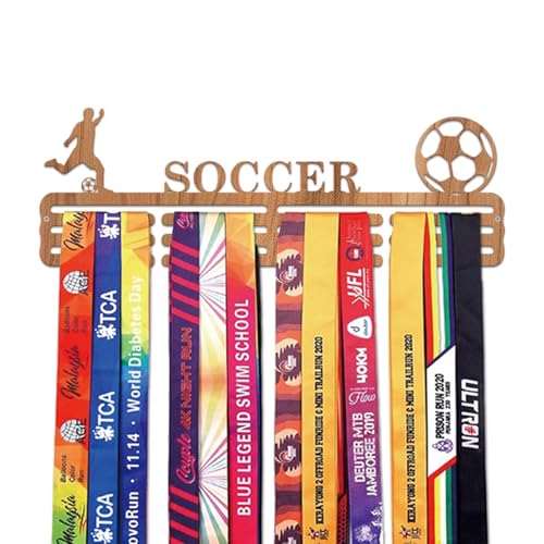 Resama Medal Hanger Holder Display Wall Rack Frame Shelf-Medal Hanger Awards Ribbon Soccer,Gymnastics,Holder Display Rack for 60 Medals - color: Soccer-Wooden