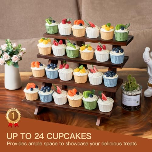DAOYOUSKY Wooden Rustic Cupcake Stand for 24 Cupcakes, Stepped Wood Display Stand for Weddings, Tiered Party Table Display Riser for Food , Dessert, Cookie, Decor, Craft Show, Brown - color: Brown - 1Pcs
