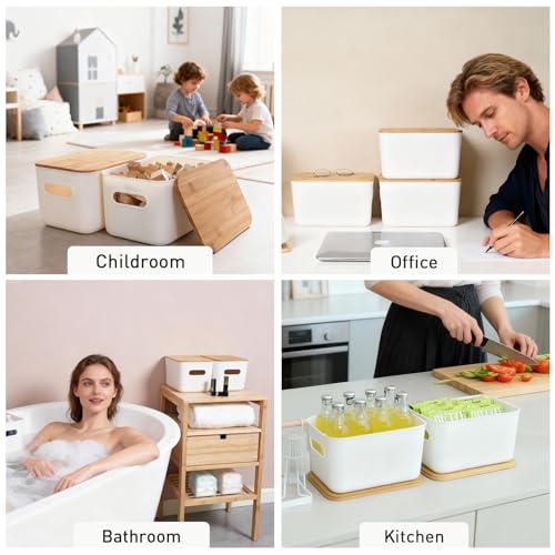 Citylife Storage Bins with Bamboo Lids 7QT Plastic Storage Containers Stackable Organizer Boxes with Handle for Desk Snacks, Toys, 2 PCS, 10" L x 7" W x 5.8" H - size: Small, style: 2 Pack