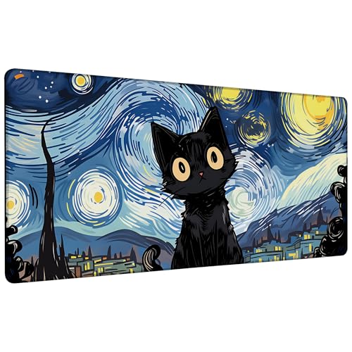 Black Cat Starry Night Gaming Mouse Pad with Stitched Edges Non-Slip Rubber Base Mouse Pad for Office,Computer,Keyboard,Laptop and Home Desk,35.4 x 15.7 Inch - color: Black Cat Starry Night, size: 15.7*35.4inch