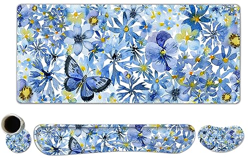 ToLuLu Desk Mat, Gaming Mouse Pad Wrist Support 4 in1 Set, XXL Large Mouse Pad + Keyboard Wrist Rest + Memory Foam Cushion Mouse Wrist Rest for Pain Relieve + Coaster Computer, Butterfly Loves Flower - color: Butterfly Loves Flower