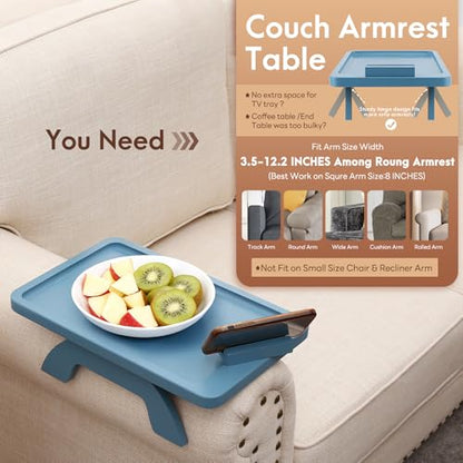 SINWANT Couch Arm Tray, Bamboo Sofa Clip on Tray Tables with 360° Phone Holder,Folding Anti Slip Couch Armrest Table for Snacks,Drinks,Remotes 15.35"x9.85" - color: Blue