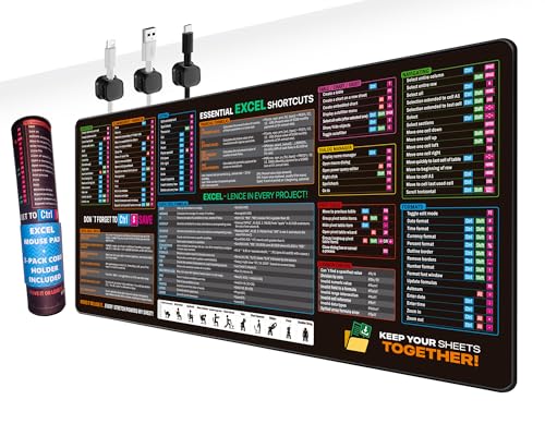 Excel Cheat Sheet Desk Pad – XXL Waterproof Mouse Pad with Stitched Edge for PC, Keyboard, Computer, Office or Gaming, Non-Slip Mat with Spreadsheet Shortcuts & Formulas, 3 Cord Holders Gift. - size: 35.4L x 15.8W inches