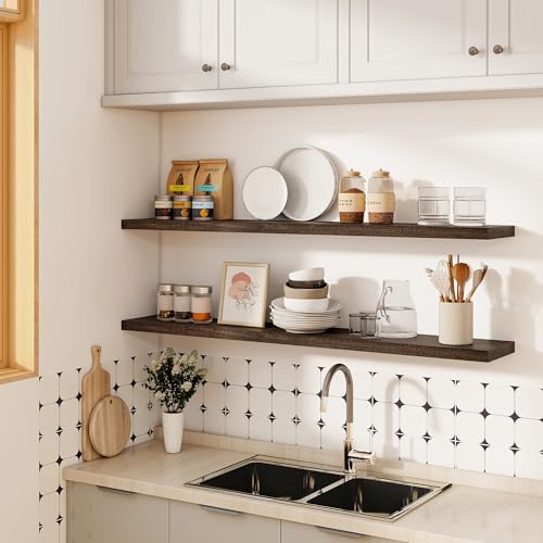 Flat Edge Elm Wood Floating Shelf with Invisible Bracket 55”American Walnut - color: American Walnut, size: 55”,set of 1