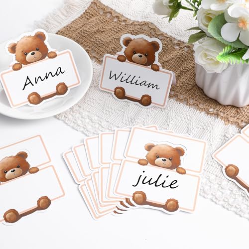 50 Pcs Bear Baby Shower Place Cards for Table Setting, Self-Adhesive Jungle Animals Name Tag Labels Stickers for Coquette Birthday Party Table Setting Supplies