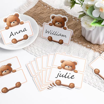 50 Pcs Bear Baby Shower Place Cards for Table Setting, Self-Adhesive Jungle Animals Name Tag Labels Stickers for Coquette Birthday Party Table Setting Supplies