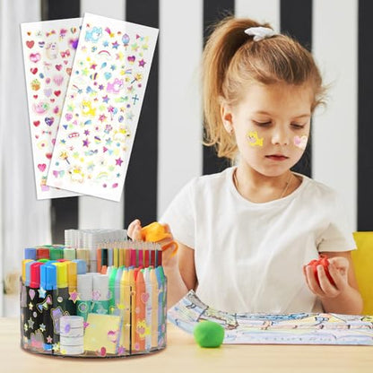 Acrylic Pen Holder with 2 Adhesive DIY Stickers, Desk Organizer Marker Holder with Cute Sticker, 360 Degree Office Supply Organizer Clear Pencil Holder Kid Art Supply Storage Organizer 6 Compartments - size: Large x2 sticker