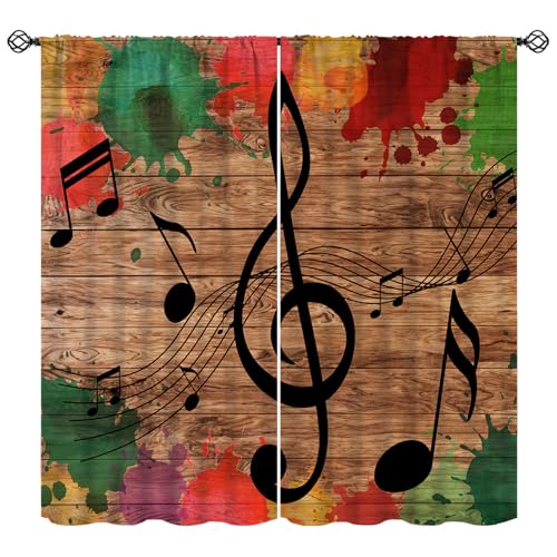 Music Notes Curtain, Funny Disco Retro Wood Board Graffiti Window Treatments Drapes for Bedroom Living Room Bathroom 42" W X 45" L(No Blackout) - color: Musical-6, size: 20.5"W x 45"L (Pack of 2)