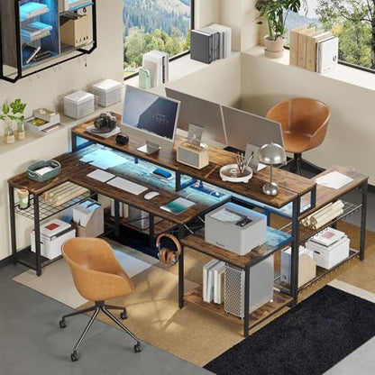Bestier 71.5 inch Computer Desk with Power Outlets, L Shaped LED Home Office Desk with Long Monitor Stand, Large Corner Desk with Storage Shelf, Cup Holder & Headset Hooks, Modern Simple Table | Printer Shelf, Adjustable Metal Grid, Adjustable Monitor Sta