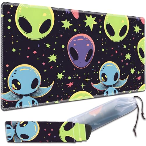 MTG Play Mat, 24" x 14" TCG Card Play Mat, Surface with Smooth Stitched Edge, with Storage Bag, Alien Theme - color: Cartoon Alien