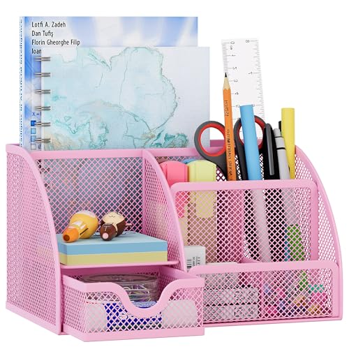 EasyPAG Mesh Desk Organizer with Drawer Multi-functional Pen Holder Stationery Organizer for Office School Supplies 6 Compartments Dorm Organizers and Storage for Desk, Light Pink - color: Light Pink