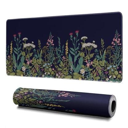 Wildflower Mouse Pad Abstract Black Mouse Pad 31.5x11.8 Inch Flower Texture Non-Slip Rubber Base Large Mousepad Stitched Edges Keyboard Mouse Mat Desk Pad for Office and Home - color: Wildflower