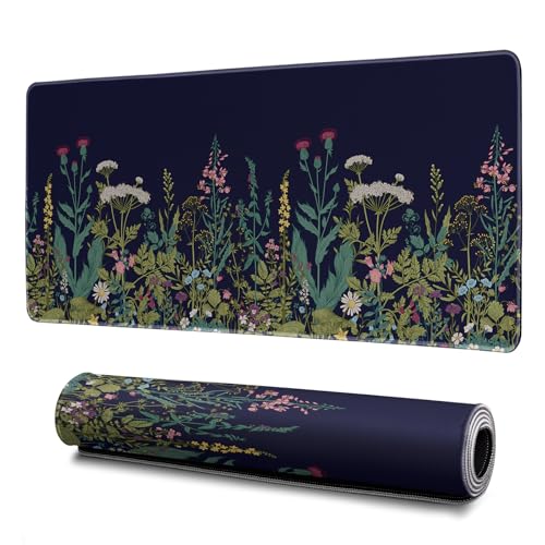 Wildflower Mouse Pad Abstract Black Mouse Pad 31.5x11.8 Inch Flower Texture Non-Slip Rubber Base Large Mousepad Stitched Edges Keyboard Mouse Mat Desk Pad for Office and Home - color: Wildflower