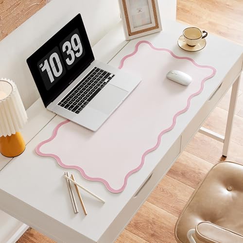 Pink Scalloped Desk Mat, 31.5" x 15.7", PU Leather, Waterproof Anti-Slip, Cute Aesthetic Desk Pad for Office/Home/Game/Vanity Large - color: Pink
