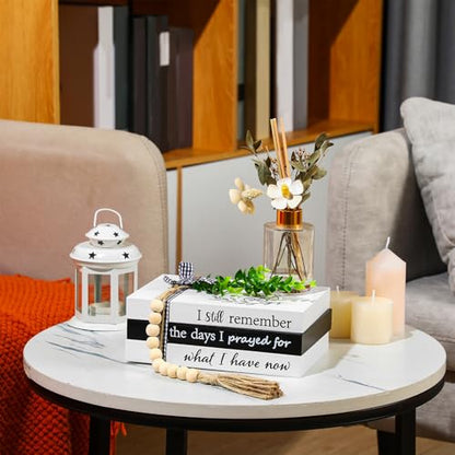 Capoda 3 Pcs Decorative Books for Home Decor Farmhouse Faux Stacked Books Wooden Rustic Table Decor with Bead Garland Twine Ribbon Faux Leaf for Table(Remember) - style: Remember