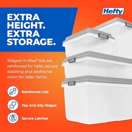 Hefty 72 Qt Hi-Rise Storage Bin with Lid, Stackable Plastic Storage Container, Organizer for Home, Garage & Closet, 6 Pack, Gray - size: 72 QT - 6 Pack