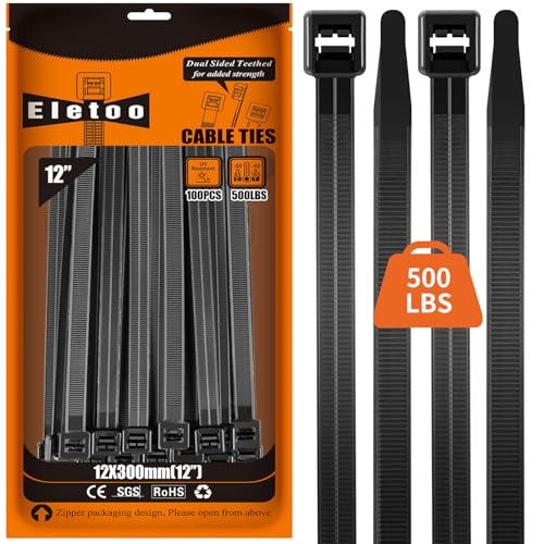 12 Inch Zip Ties Heavy Duty 100 Pack Black Large Cable Ties, 500 LBS Tensile Strength, Self-Locking UV Resistant for Indoor and Outdoor - size: 12-100PCS