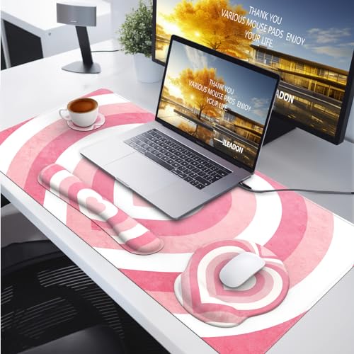 iLeadon Pink Desk Mat, Desk Pad + Pink Mouse Pad with Wrist Rest + Keyboard Wrist Rest + Coaster, 4in1 Mouse Pad Set, Mouse and Keyboard Pad for Home Office, Heart Pink - color: Heart Pink