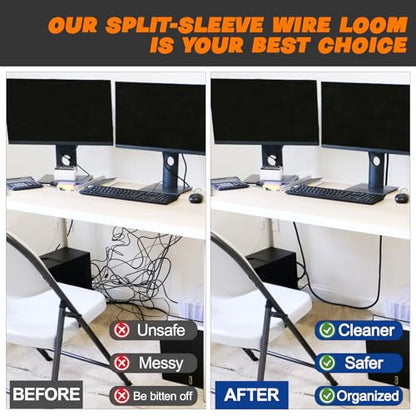 Split Braided Sleeve Cable Management Wire Loom Cord Covers for High-Temperature Automotive Harness and Home Cable Management, 18ft - 1/4 inch Self-Wrapping Tubing Cord Protector - size: 1/4"-18 Feet