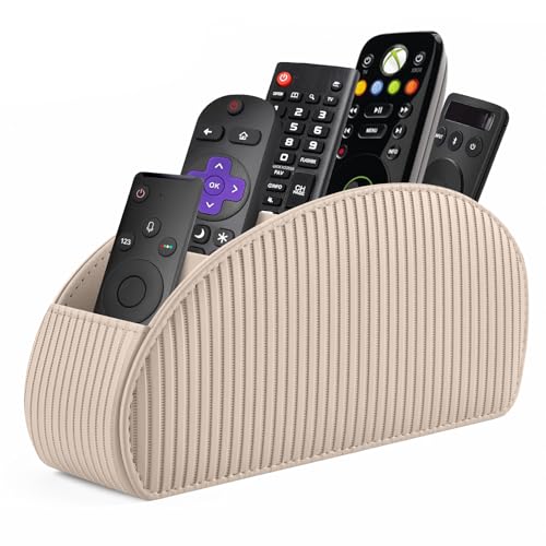 SITHON Remote Control Holder with 5 Compartments - PU Leather Remote Caddy Desktop Organizer Store TV, DVD, Blu-Ray, Media Player, Heater Controllers, Stripe Latte - color: Stripe-Latte, size: Small