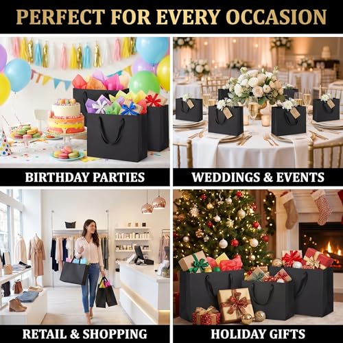 GEGIBOA Black Gift Bags With Handles 6 Pcs, 12.5x4.5x11 Inch Sturdy Kraft Paper Gift Bags, Bulk for Fathers Day, Wedding, Party, Birthday, Business and Shopping, Valentine's Day, Large Size - size: Black-L-6pcs
