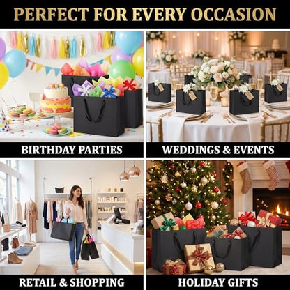 GEGIBOA Black Gift Bags With Handles 6 Pcs, 12.5x4.5x11 Inch Sturdy Kraft Paper Gift Bags, Bulk for Fathers Day, Wedding, Party, Birthday, Business and Shopping, Valentine's Day, Large Size - size: Black-L-6pcs