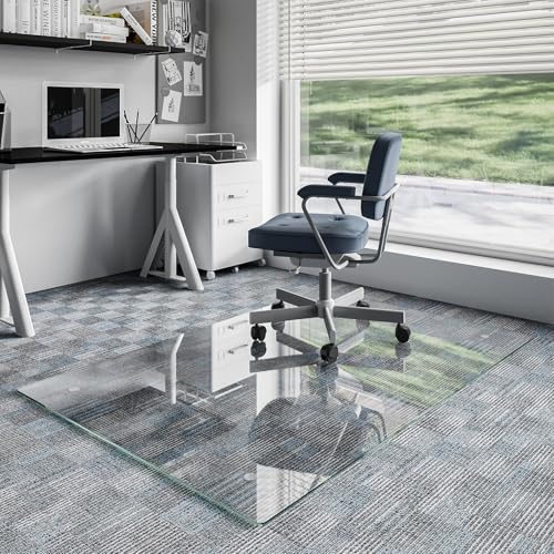 Koonmi Glass Chair Mat for Carpet, Tempered Glass 40"x60" Office Chair Mat, Glass Chair Mat with Rounded and Polished Edges, 4 Non‑Slip Pads, Smooth Rolling for Carpet Hardwood Floor Protection - color: Transparent, size: 40"x60"