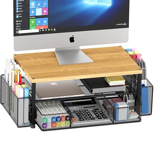OPNICE Desk Organizers and Accessories, 2-Tier Computer Monitor Stand with Drawer and 2 Pen Holders, Laptop Stand, Office Desk Accessories for Office Supplies, Oak - color: Oak, size: With Drawer and 2 Pen Holders