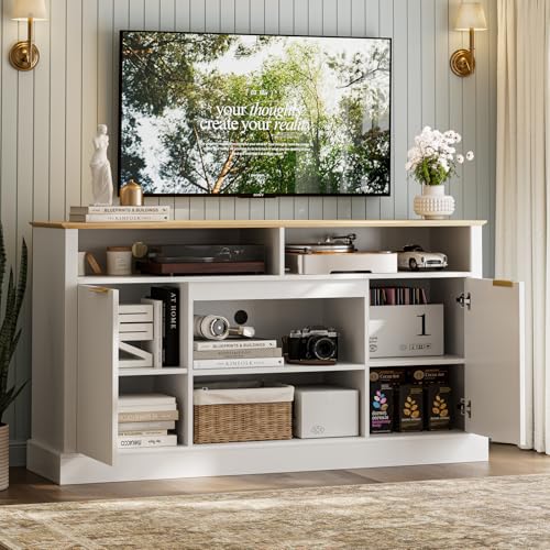 LCRBOL TV Stand for up to 65" TV, Mid-Century Entertainment Center, White | 63"W x 15.4"D x 25"H, 2 fluted cabinets, 1 drawer & open shelves, natural top, top holds 180 lbs, ~90 min assembly - color: White & Natural