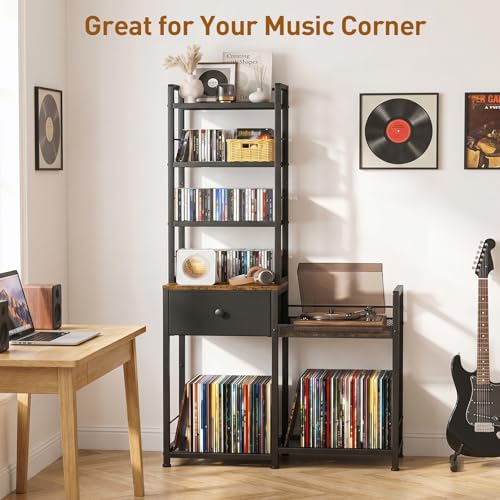 ikkle CD Rack with Drawer, 7-Tier DVD Organizer Shelf with Vinyl Storage | Media Storage Rack for CDs/DVDs, Vinyl Records, Books & Games, Ideal for Living Room & Home Office, 32.1x11.8x57.2 in, Brown