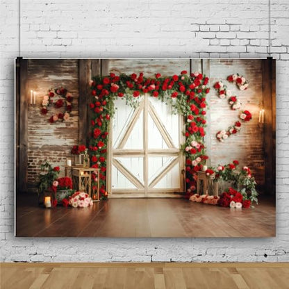 8x6ft Red Rose Brick Wall Wood Door Backdrop for Wedding Bridal Shower Party Decorations Mother’s Day Valentine's Day Engagement Backdrops Portrait Photo Booth Props - size: 8x6ft
