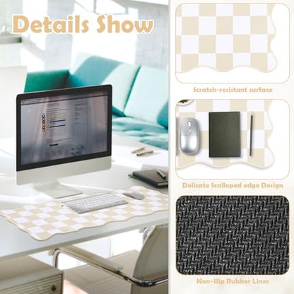 Copkim 1 Pcs Beige Scalloped Checkered Desk Mat 31.5 x 11.8 Inch Large Cute Mouse Pad Computer Mat Non Slip Waterproof Rubber Base with Border Stitching Soft Keyboard Pad for Home Office Gaming Makeup - color: Beige, style: Checkered