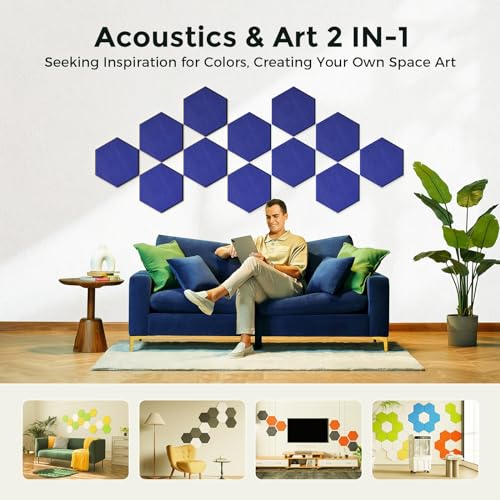 Self-Adhesive Acoustic Panels [390 lbs/yd³ Ultra-High Density], 2nd Generation Sound Absorbing Panel, Professional Level Sound Panel, Polyester Soundproof Foam [Medium Hexagon, Klein Blue] - color: Klein Blue, size: Medium Hexagon (12''x10''x0.4'')