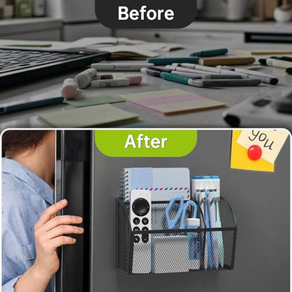YINGHUA Magnetic Desk Organizer - 3 Compartment Metal Mesh Pen Holder for Locker, Whiteboard, Refrigerator, Office - Black Caddy - color: Black