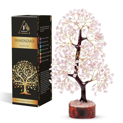 FASHIONZAADI Rose Quartz Crystal Tree of Life for Women Office Decor, Good Luck, Money, Meditation, Positivity, Handmade Healing Crystal Stones Bonsai Tree Spiritual Birthday Gifts for Women - color: Ea Rose Quartz Golden Wire