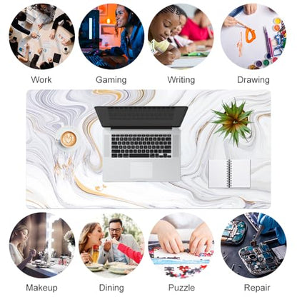 QIYI White Mouse Pad, Cute Marble Large Desk Mat, PU Leather Desk Protector Mousepad, Gold Grey Striped Waterproof Computer Keyboard Gaming Mouse Pads, Non Slip Extended Writing Pad 31.5" x 15.7" - color: Luxury Marble Ink, size: 31.5" x 15.7"