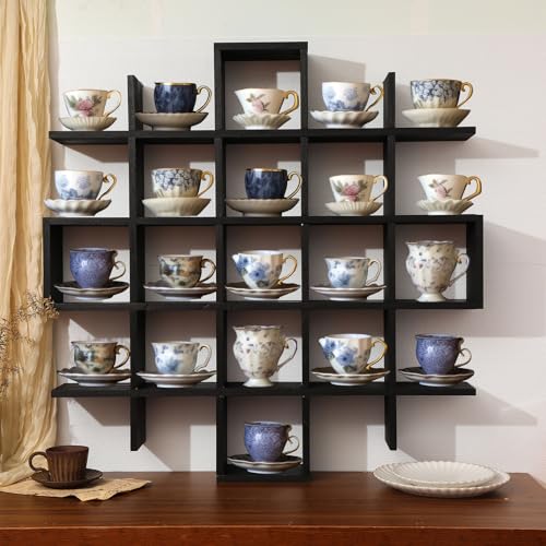 Suzile Oversize Tea Cups and Saucers Shelf Rustic Wooden Coffee Display Shelves Wooden Floating Curio Shelf Mounted Tea and Saucer Rack Holder for Kitchen Station Bar Accessories(Black) - color: Black