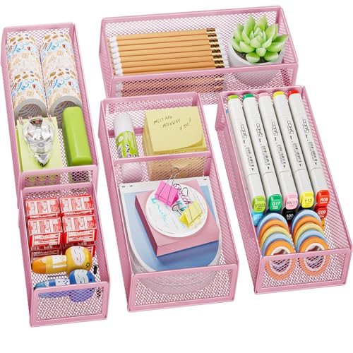 Marbrasse 5 Pack Desk Drawer Organizer Set, Mesh Drawer Storage Trays with 1 Adjustable Divider, Desk Organizers and Accessories, 5 PCS Drawer for Office Supplies, Makeup & Vanity (Pink) - color: Pink